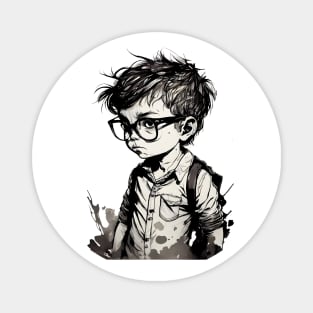 Boy with glasses in school one. Magnet